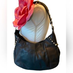 Brighton Black Leather Hobo Bag with Stud Accents